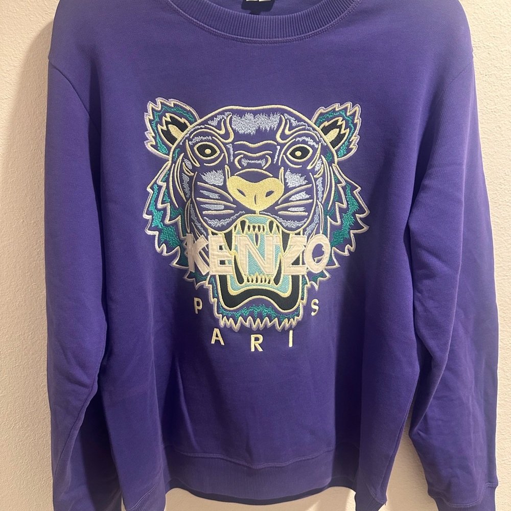 Kenzo Blue and White Tiger Embroidered Crewneck Sweater
